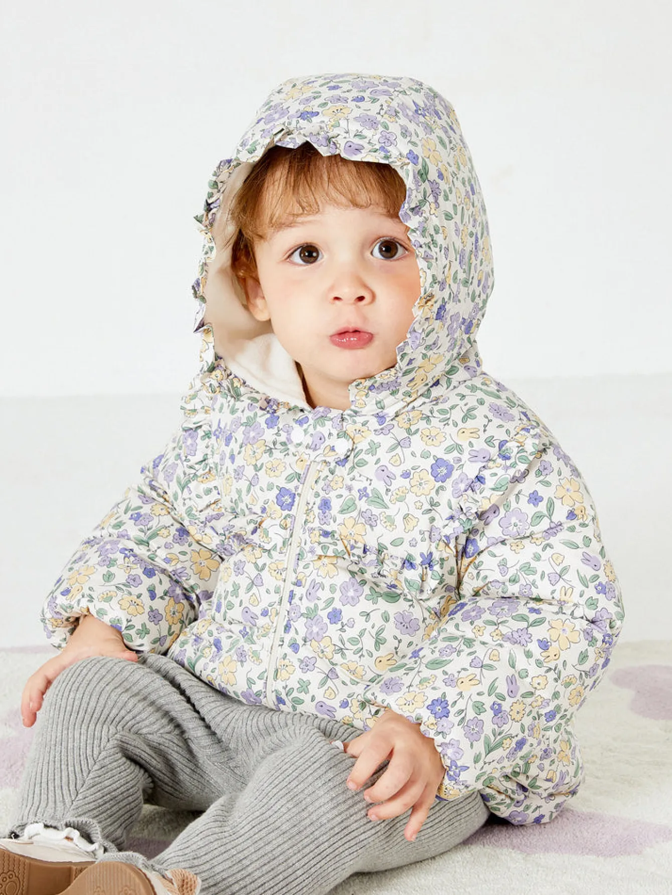 Balabala Baby Girl Full Print French Court Garden Hooded Down Jacket Purple Hue Cheap