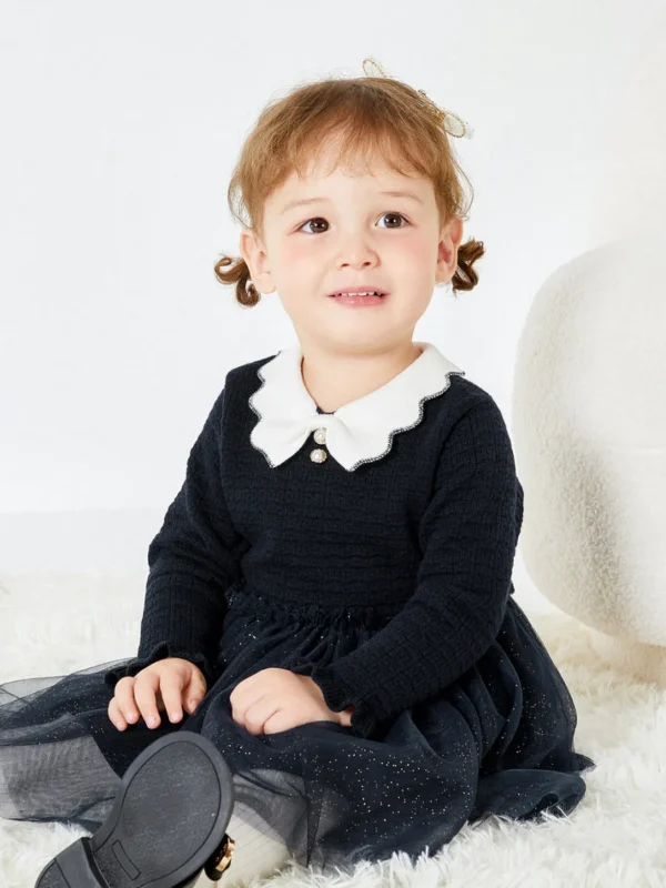 Balabala Baby Girl Lapel Long Sleeve Dress Dark Blue Cheap