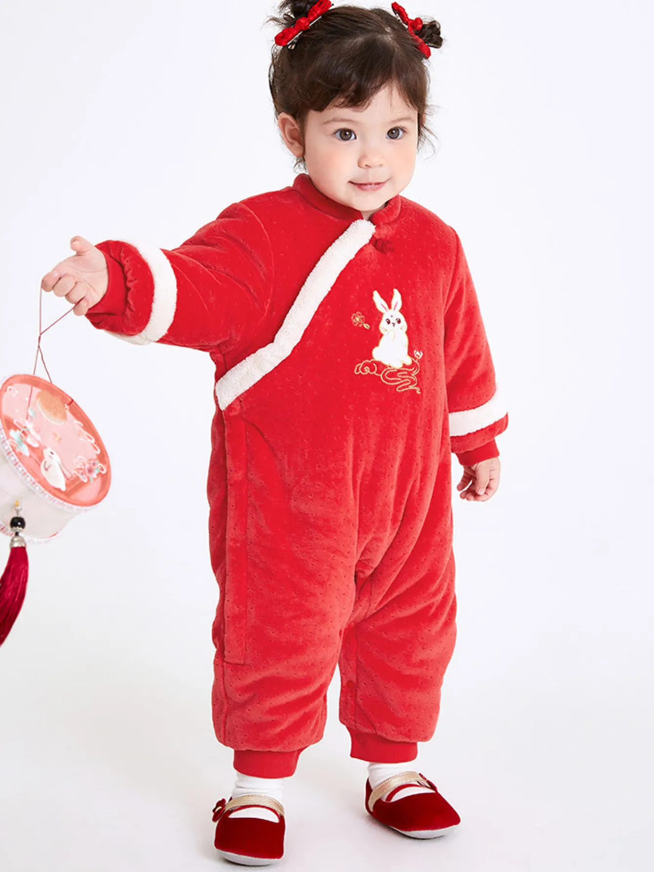 Balabala Baby Girl Velvet Chinese Zodiac Rabbit Knitted Jumpsuit 0-3 Years Chinese Red Online
