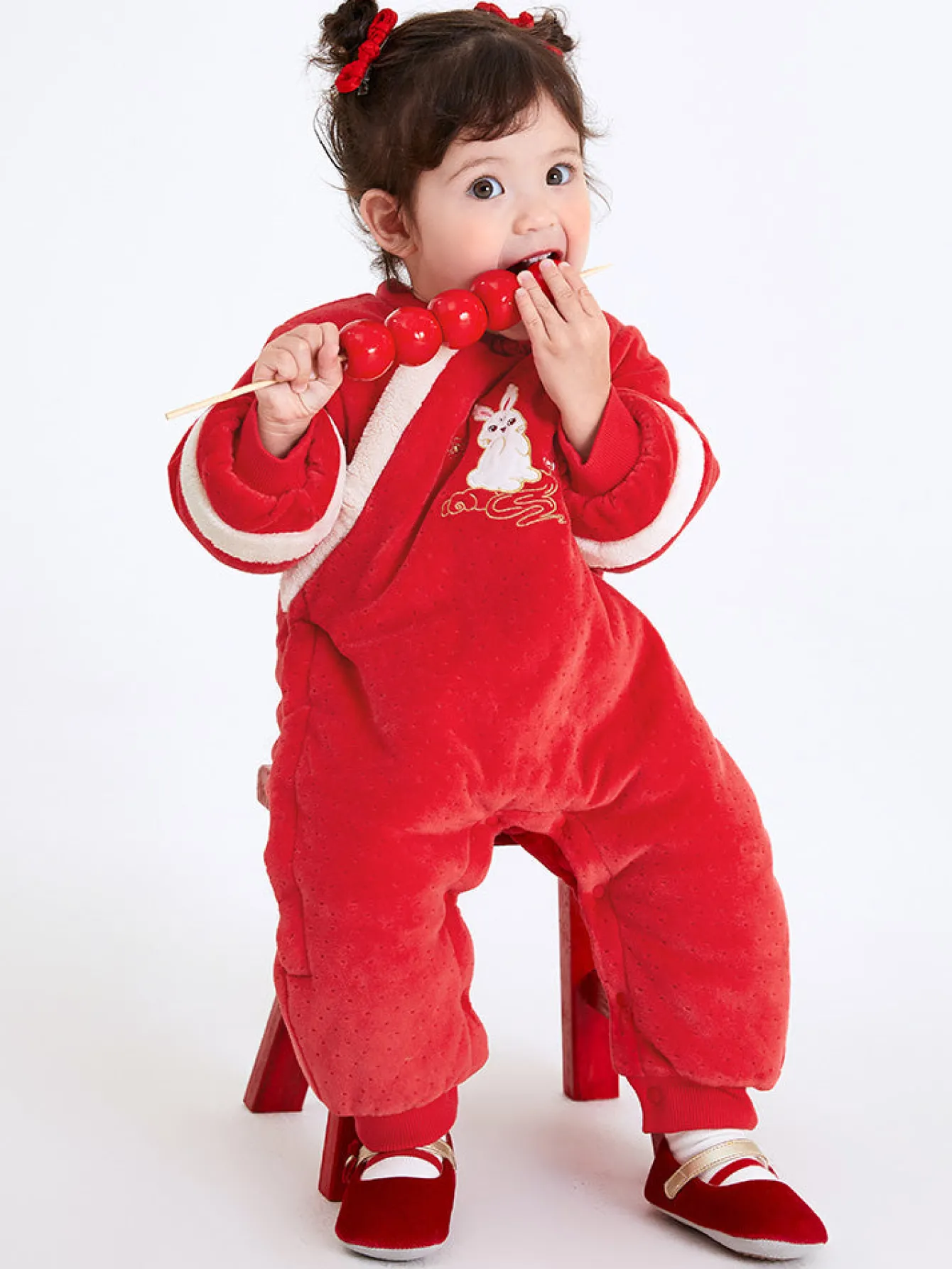 Balabala Baby Girl Velvet Chinese Zodiac Rabbit Knitted Jumpsuit 0-3 Years Chinese Red Online