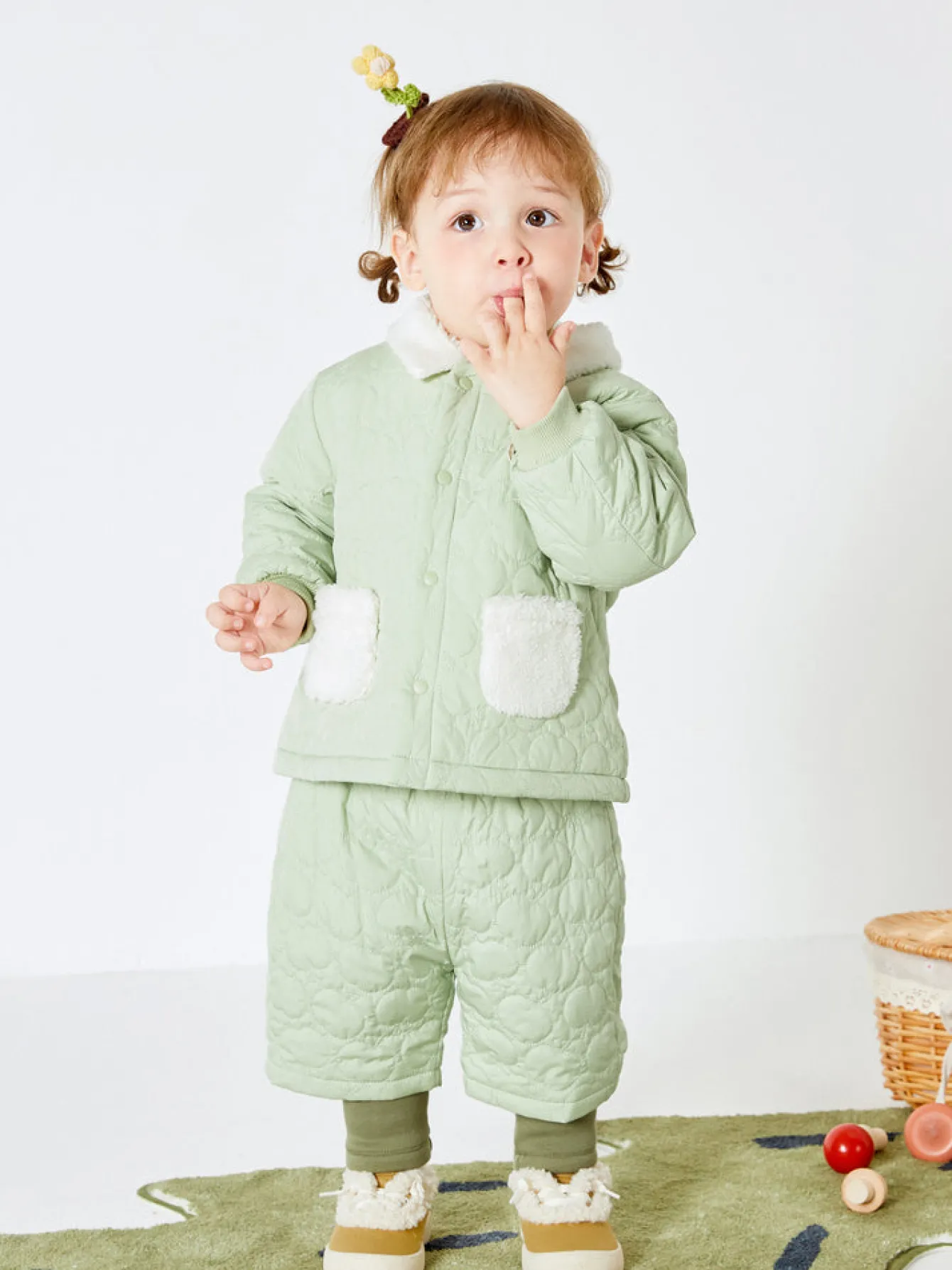 Balabala Baby Lapel Long Sleeve Two-Section Pants Long Sleeve Set Pink Green Cheap