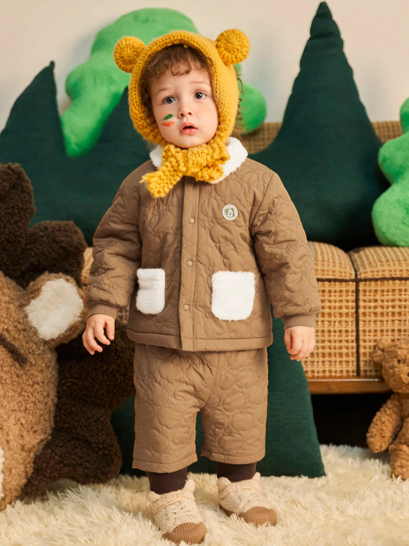 Balabala Baby Lapel Long Sleeve Two-Section Pants Long Sleeve Set Dark Khaki Discount