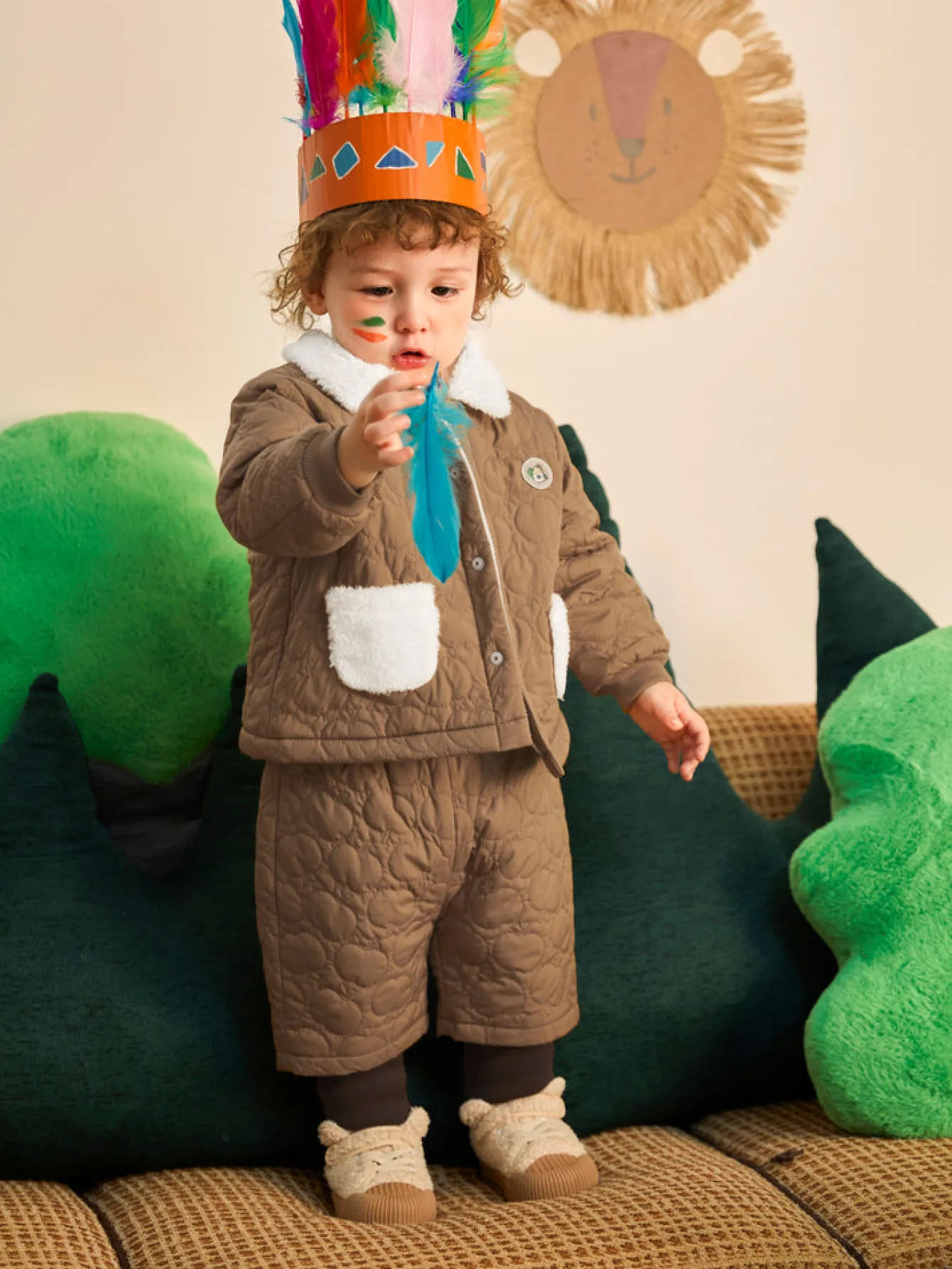 Balabala Baby Lapel Long Sleeve Two-Section Pants Long Sleeve Set Dark Khaki Discount