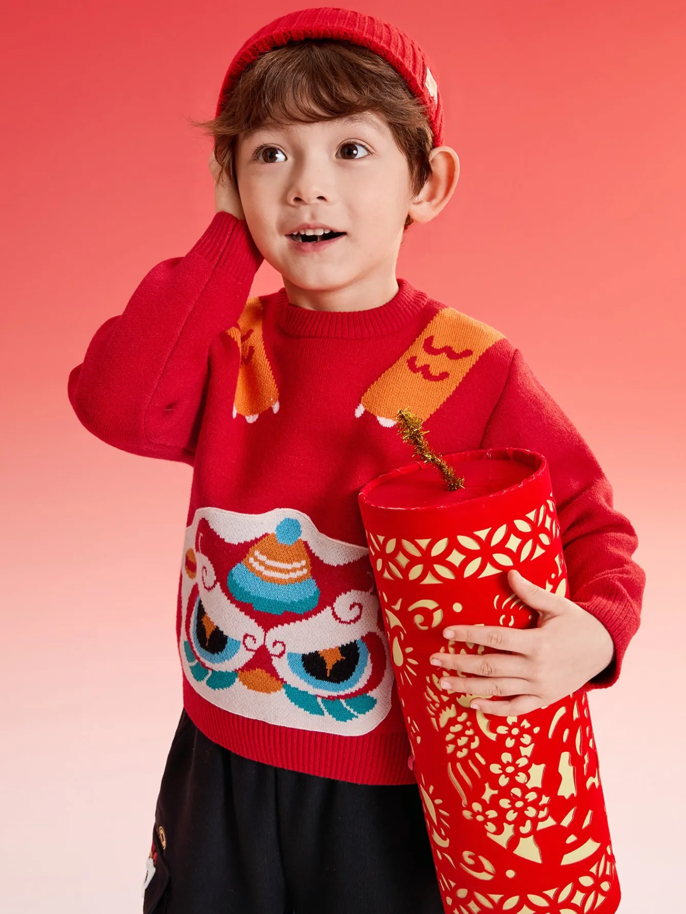 Balabala boys' sweater New Year jacquard knitted sweater 2025 spring and autumn new style New Year outfit Chinese Red Cheap