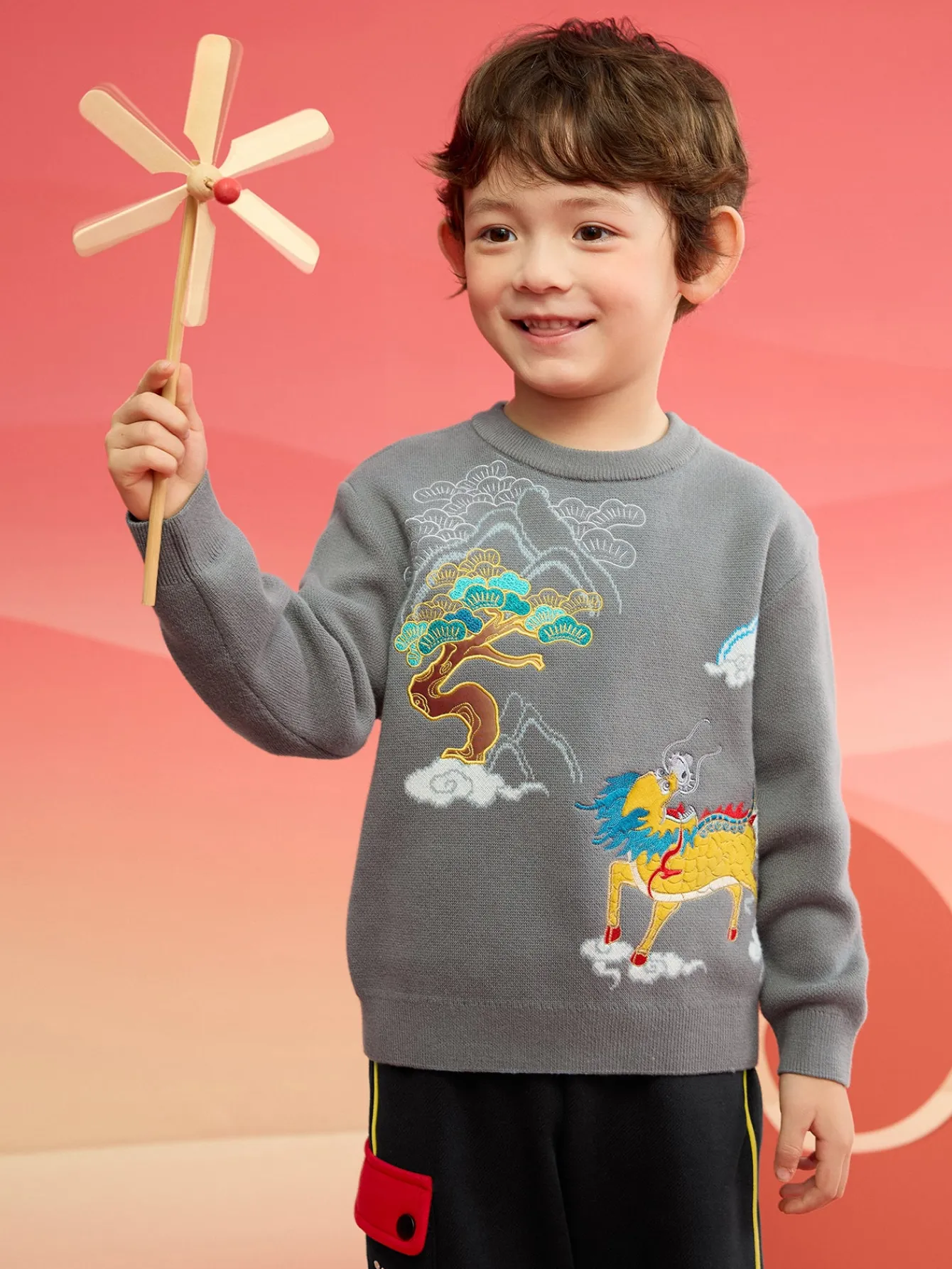 Balabala Children Clothes Boy Sweater 2025 New Spring New Year's Outfit Baby Chinese Style Knitwear Cheap