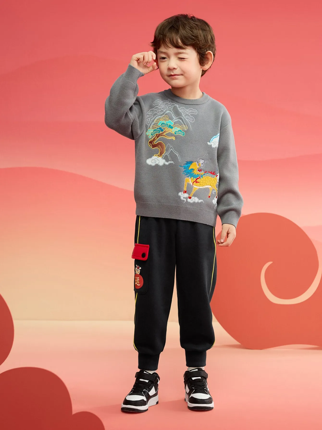 Balabala Children Clothes Boy Sweater 2025 New Spring New Year's Outfit Baby Chinese Style Knitwear Cheap