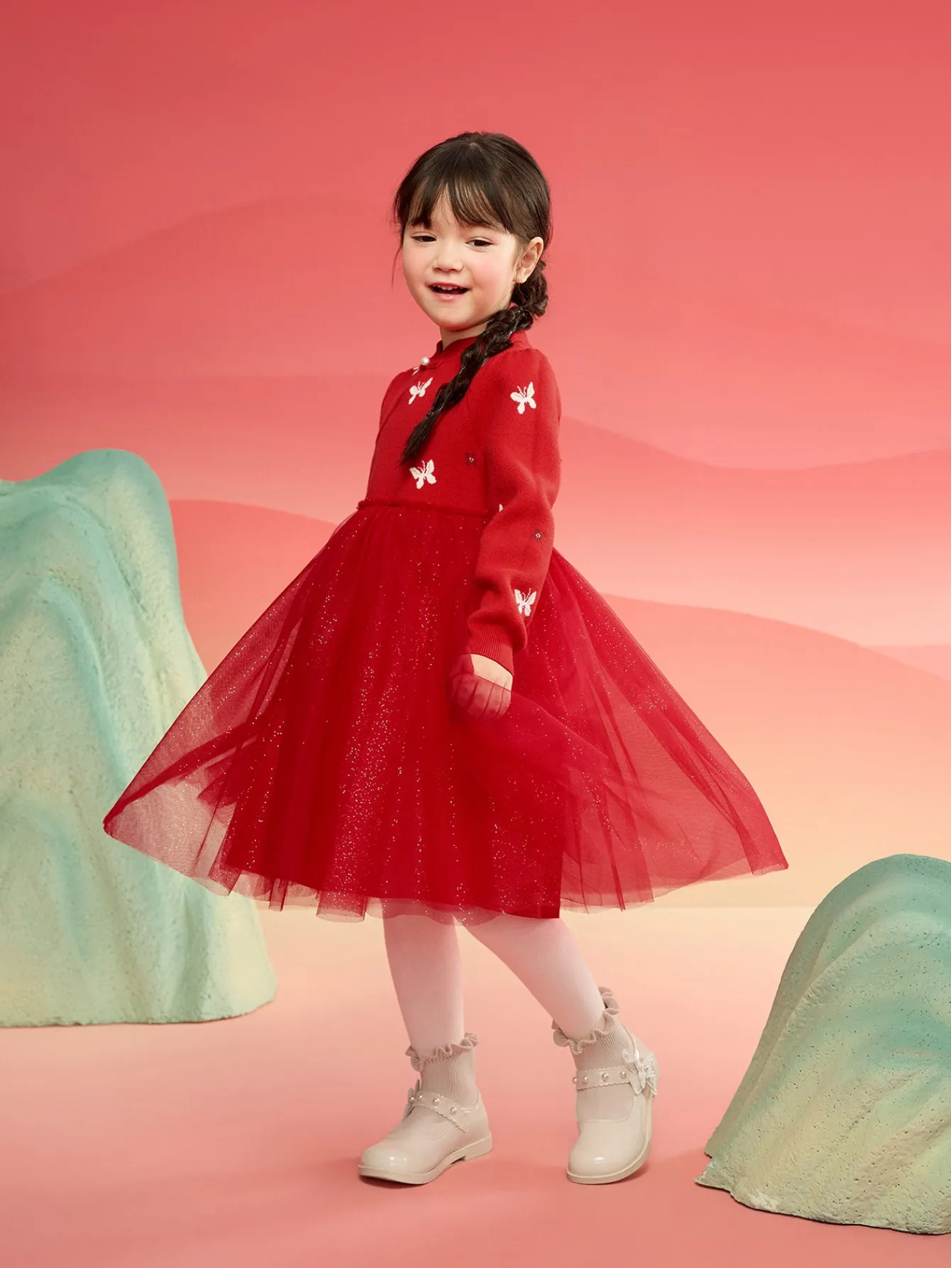 Balabala Children Clothes Girl Dress Children Skirt Knitted Mesh 2025 Winter New Princess Dress New Year Sale