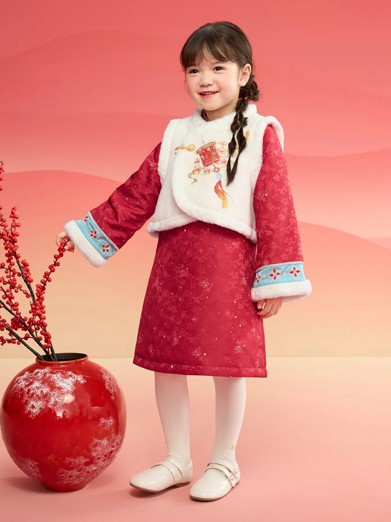 Balabala Children Clothes Girl Qipao Suit New Chinese Style 2025 Winter New Toddler New Year's Outfit Red Best