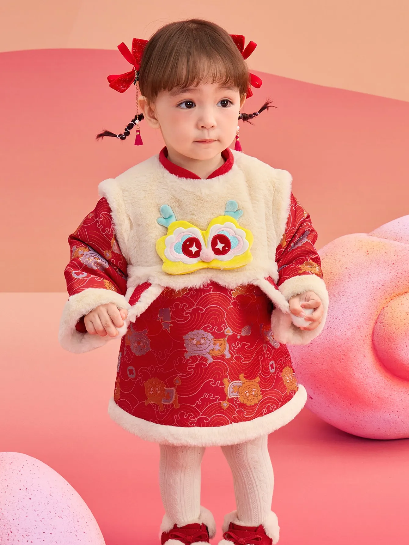 Balabala Children's Clothes Baby One-Piece Dress Baby Dress 2025 New Spring Clothes Baby Girl New Year Greeting Outfit Chinese Style New
