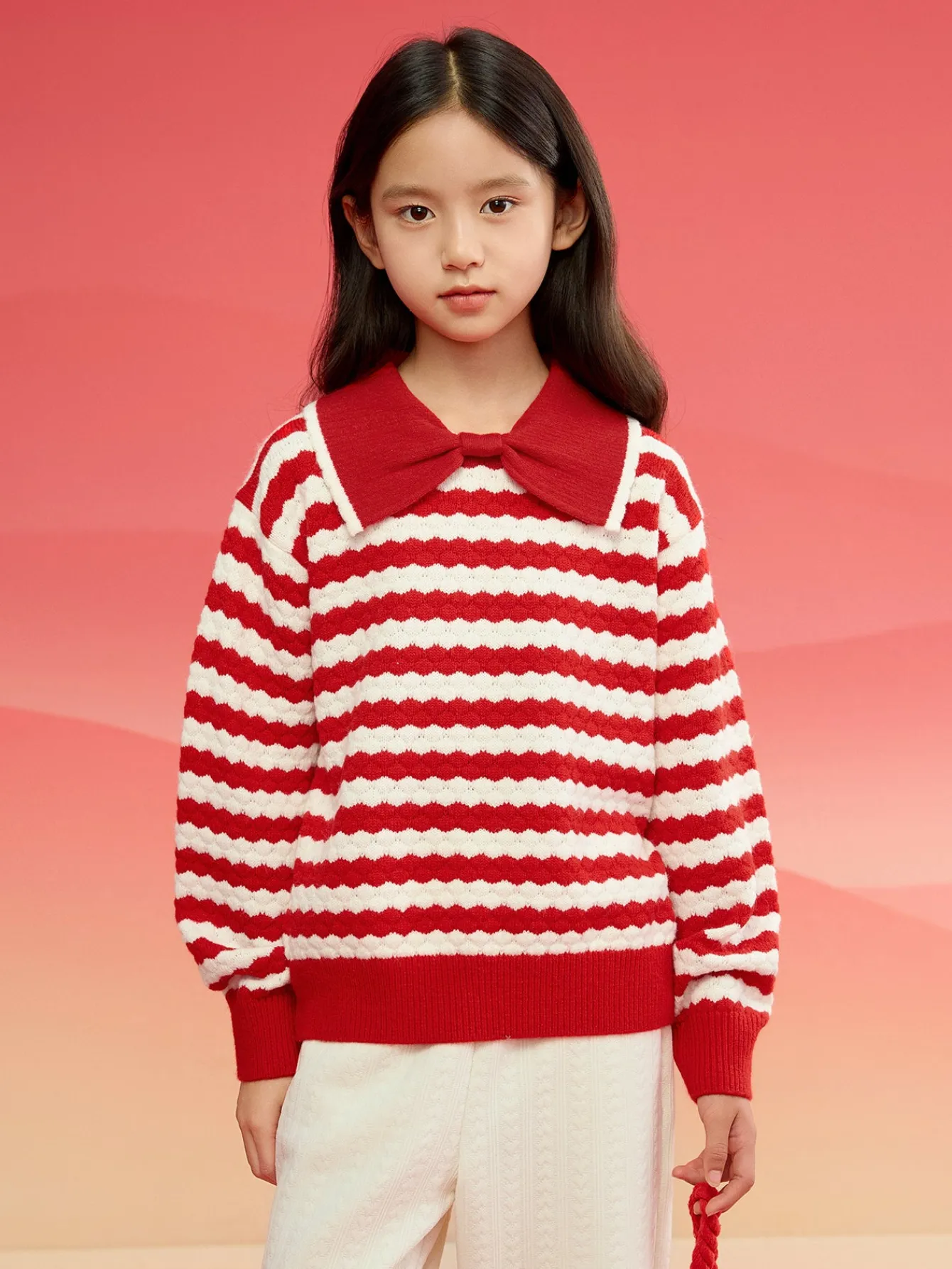 Balabala Children's Knitwear for Girls, 2024 Winter Striped Knitted Shirt with Bow Tie Inner Wear Top Red Fashion