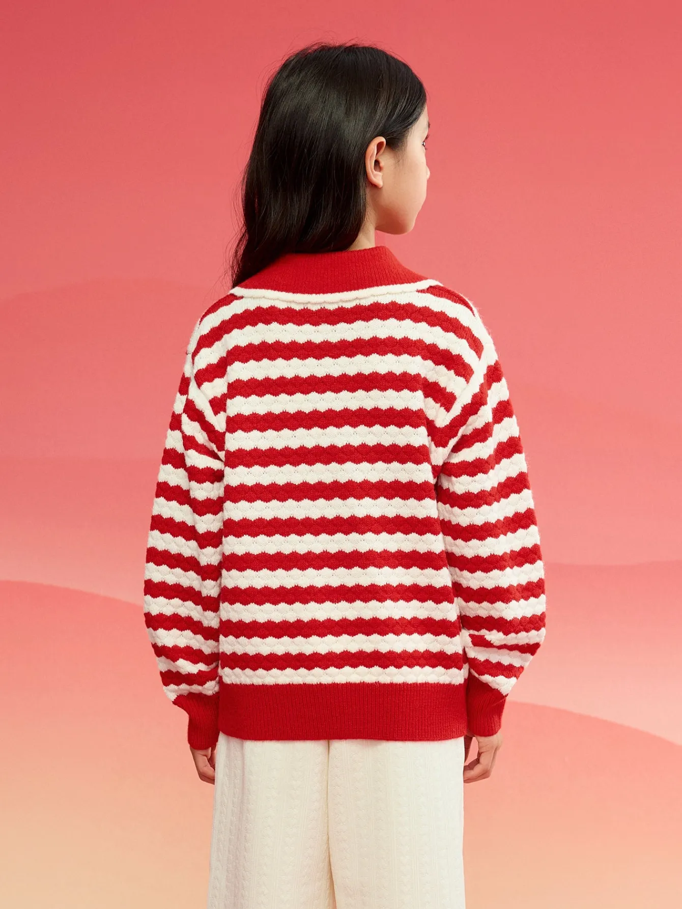 Balabala Children's Knitwear for Girls, 2024 Winter Striped Knitted Shirt with Bow Tie Inner Wear Top Red Fashion