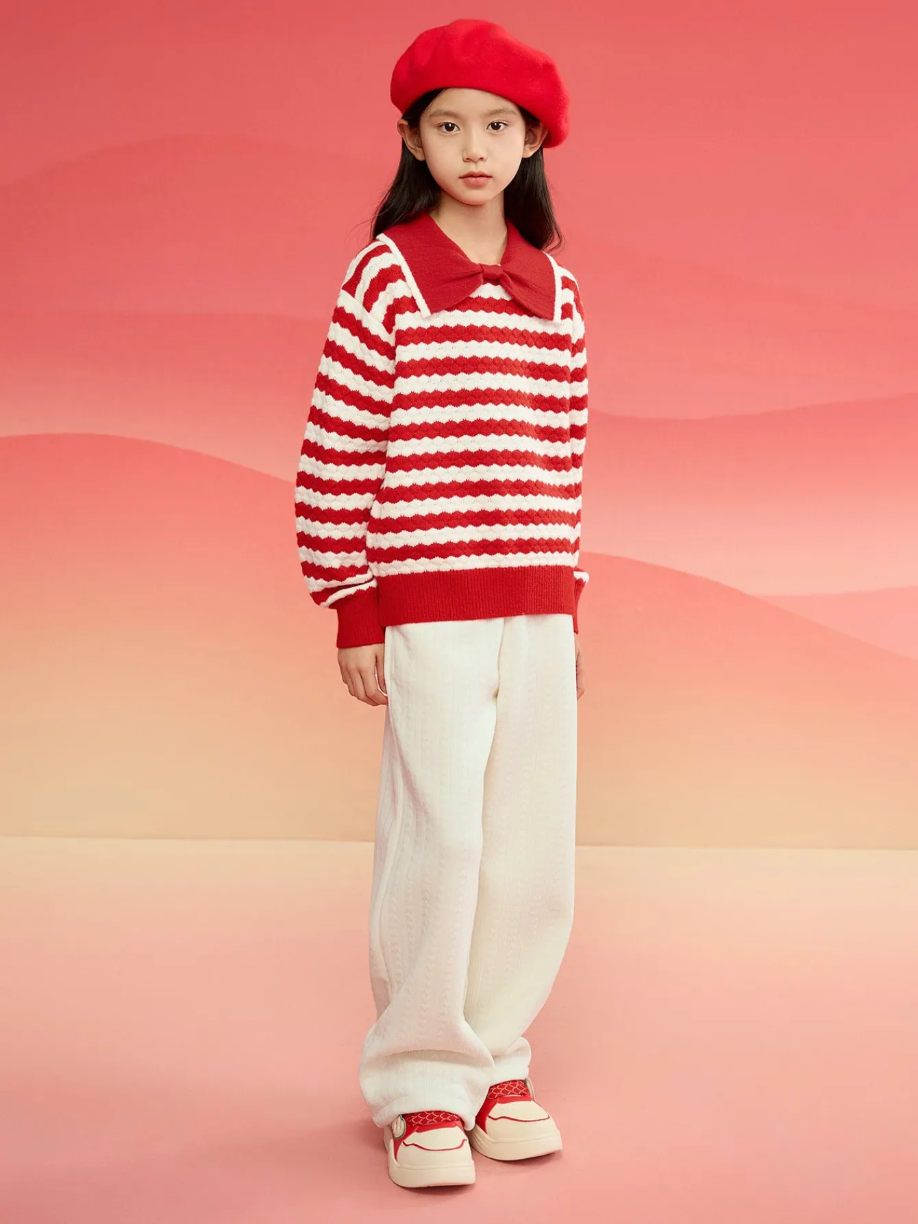 Balabala Children's Knitwear for Girls, 2024 Winter Striped Knitted Shirt with Bow Tie Inner Wear Top Red Fashion