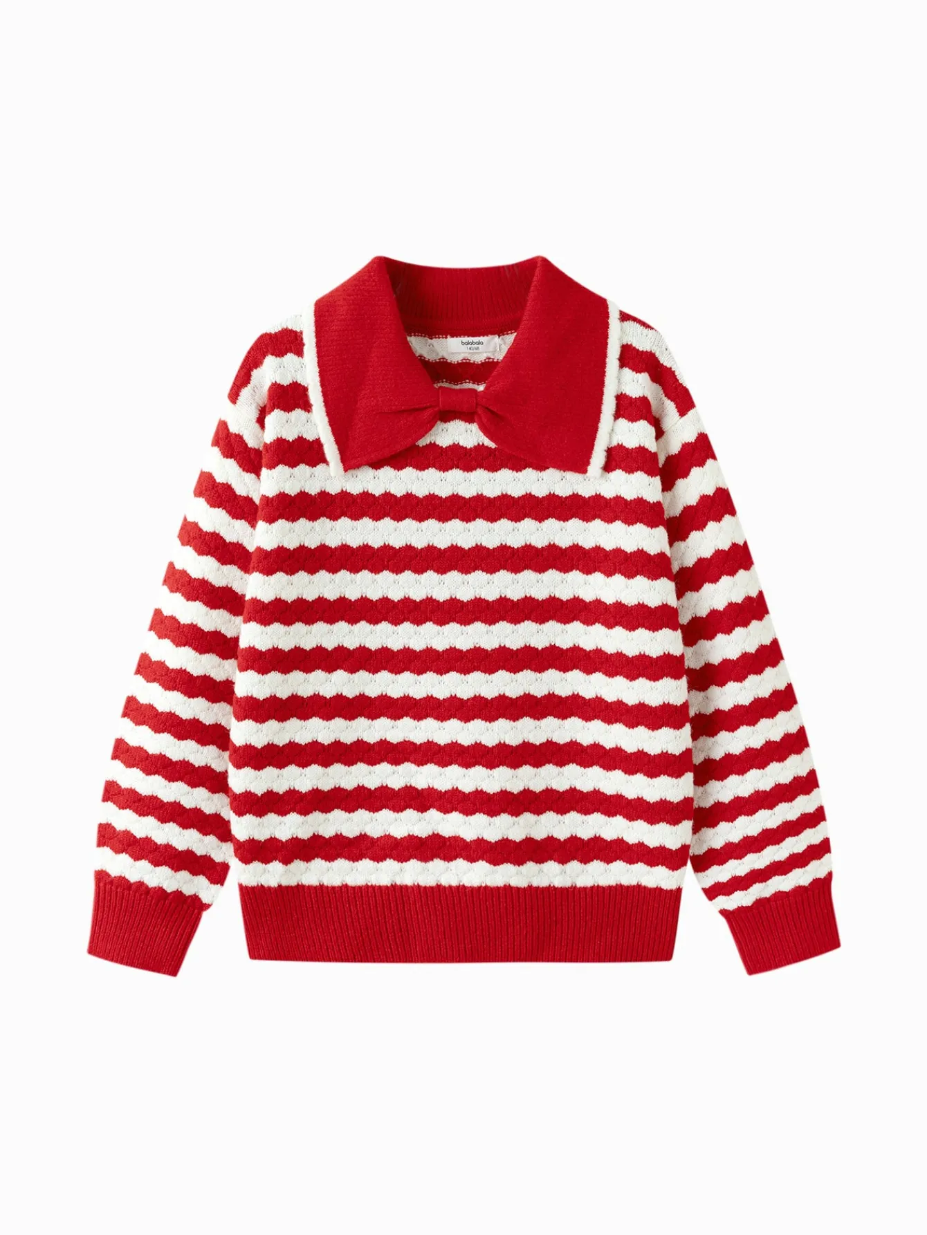Balabala Children's Knitwear for Girls, 2024 Winter Striped Knitted Shirt with Bow Tie Inner Wear Top Red Fashion