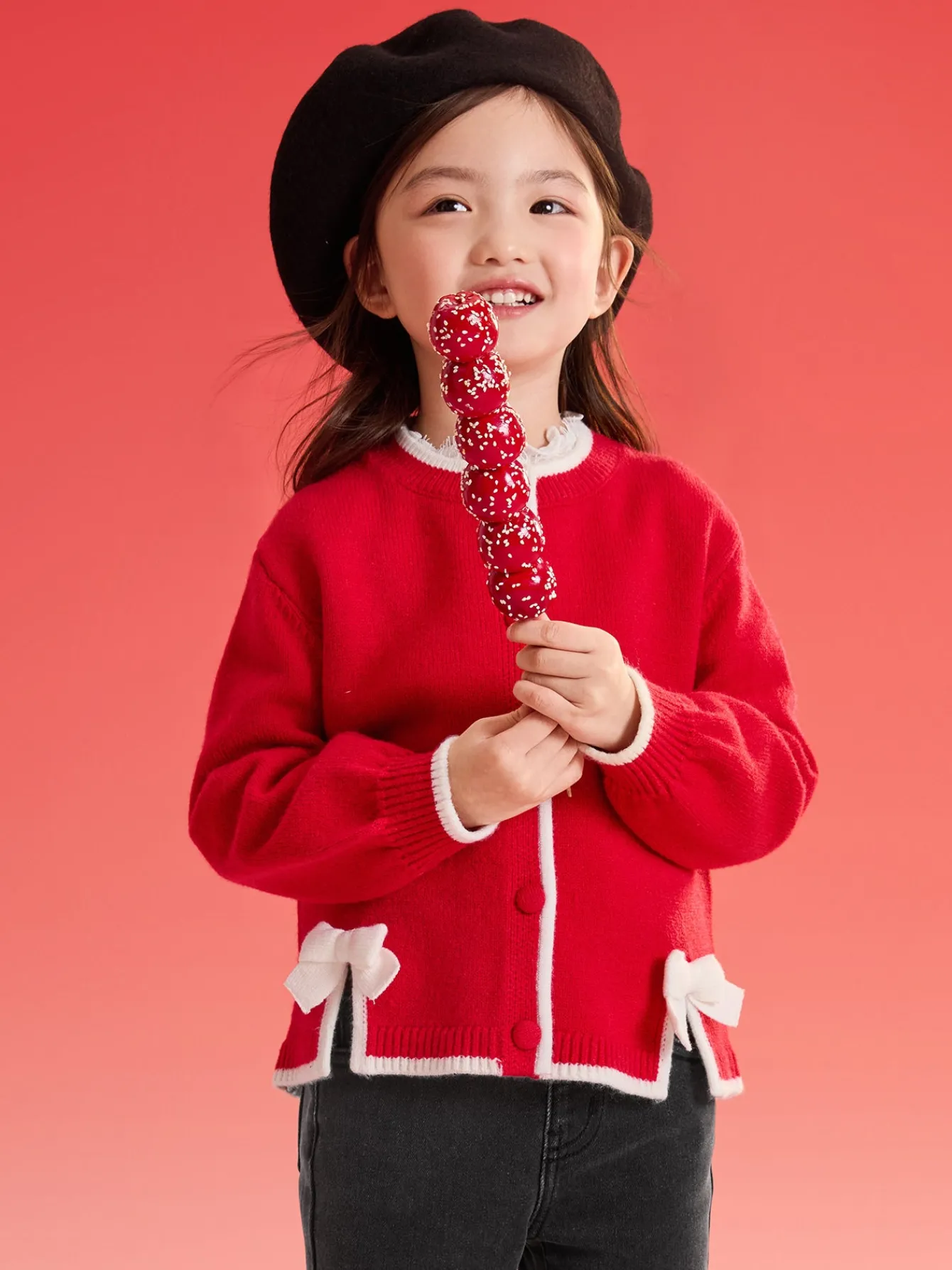 Balabala children's sweater girls' children's knitted sweater 2025 spring and autumn new style open sweater sweet Chinese Red Outlet