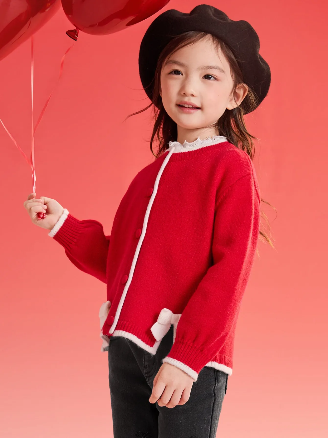 Balabala children's sweater girls' children's knitted sweater 2025 spring and autumn new style open sweater sweet Chinese Red Outlet