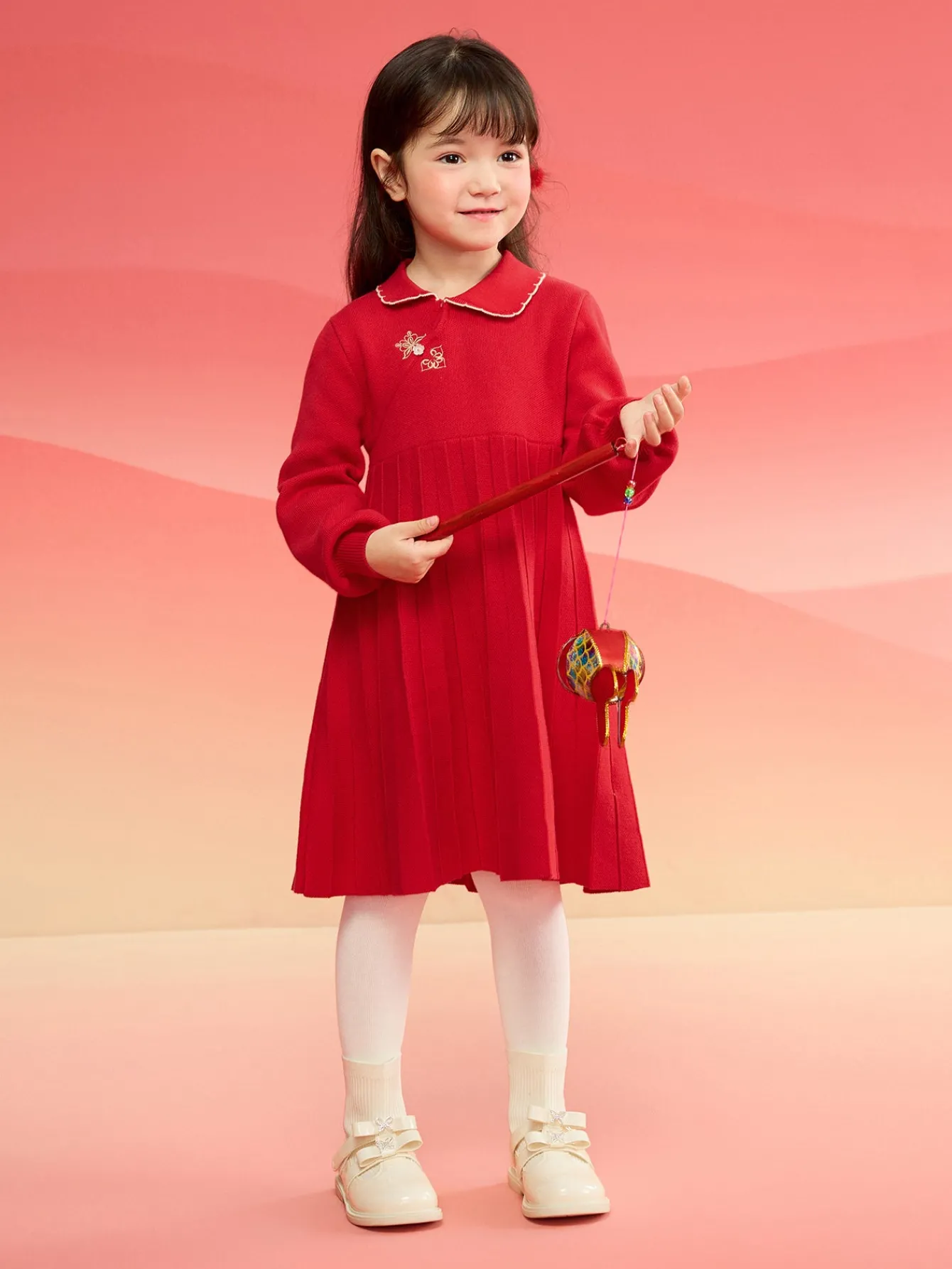 Balabala Girl New Chinese Style Knitted Dress 2025 Winter New Red Pleated Princess New Year's Dress Chinese Red Sale