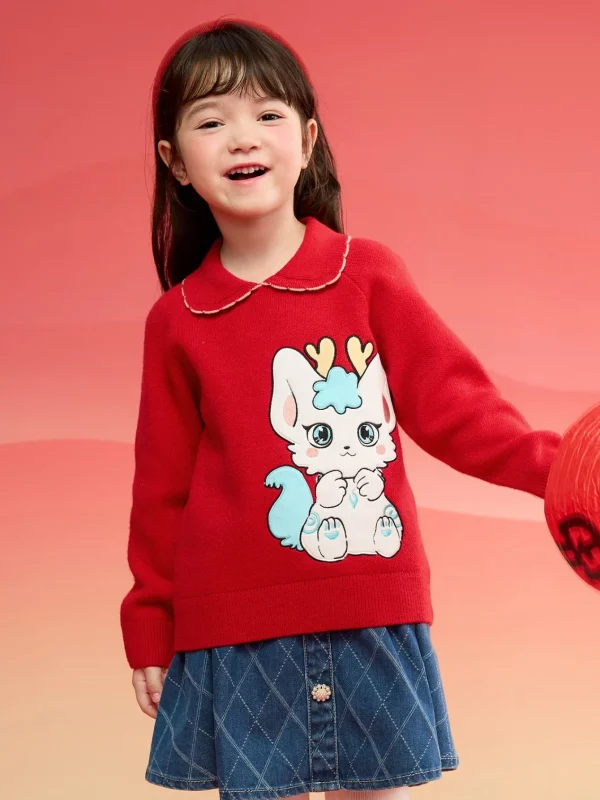 Balabala Girls Sweater 2024 New Winter Kids Knitwear Top New Year's Red Fashion Exquisite Trendy Chinese Red Outlet