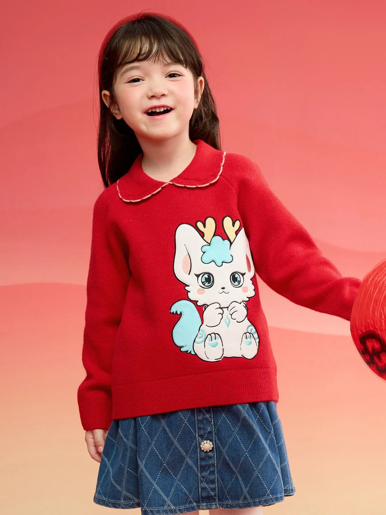 Balabala Girls Sweater 2024 New Winter Kids Knitwear Top New Year's Red Fashion Exquisite Trendy Chinese Red Outlet