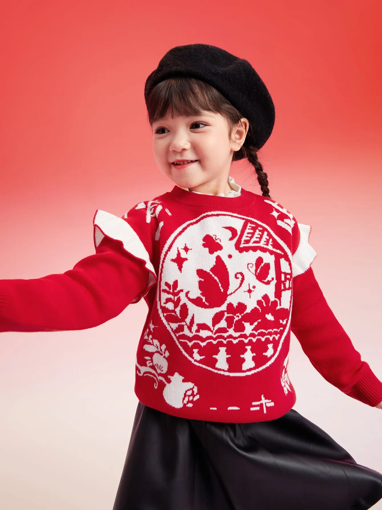 Balabala Girls Sweater Children Jacquard Knitwear 2024 Winter New Color-Block Knitwear Top Red Fashion Chinese Red Cheap