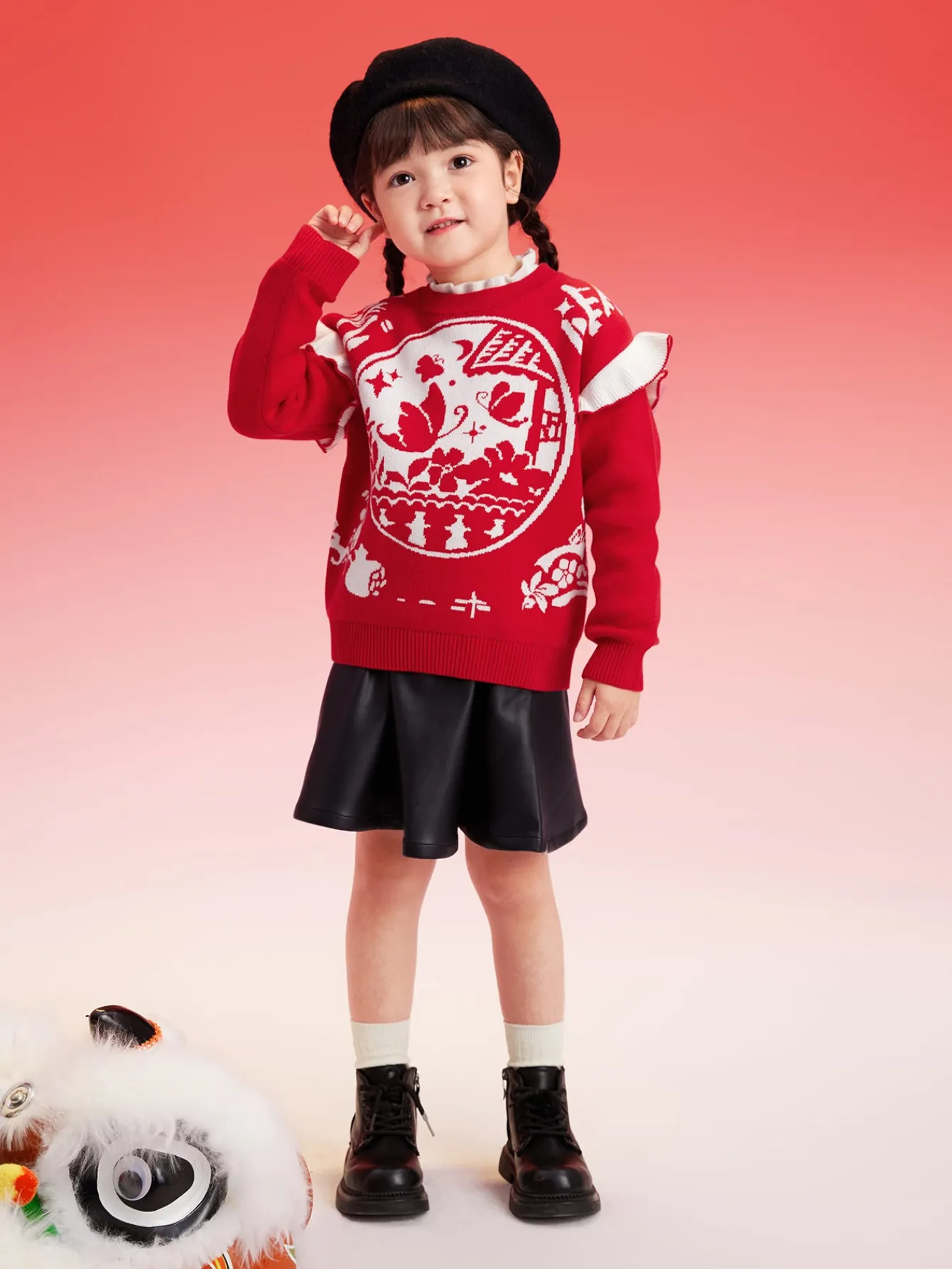 Balabala Girls Sweater Children Jacquard Knitwear 2024 Winter New Color-Block Knitwear Top Red Fashion Chinese Red Cheap