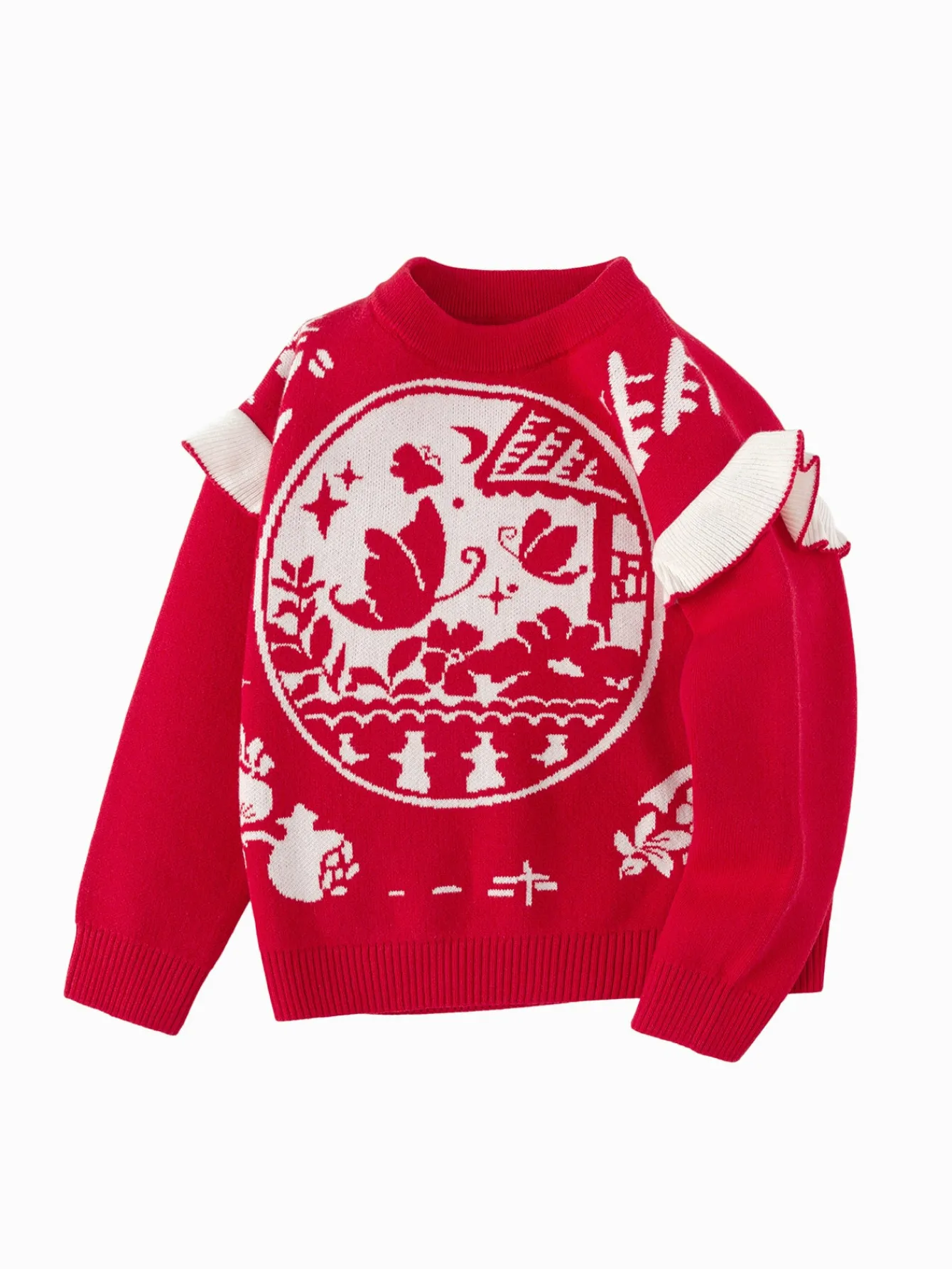 Balabala Girls Sweater Children Jacquard Knitwear 2024 Winter New Color-Block Knitwear Top Red Fashion Chinese Red Cheap