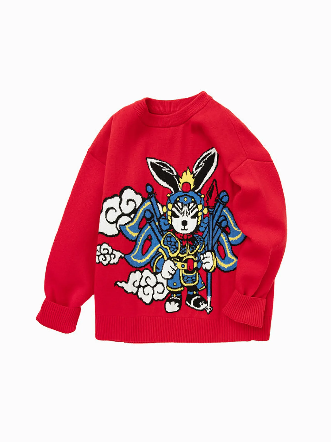 Balabala Kids Boy 100% Cotton Red Rabbit Propitious Clouds Crew Neck Jumper 7-14 Years Cheap