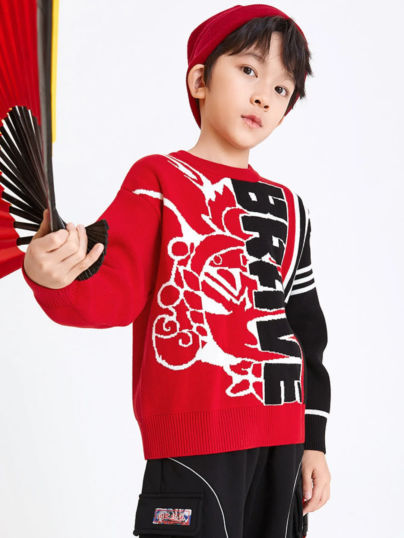 Balabala Kids Boy 100% Cotton Red Rabbit Propitious Clouds Crew Neck Jumper 7-14 Years Cheap