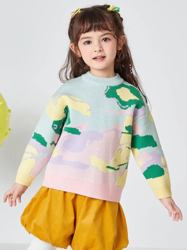 Balabala Kids Girl Abstract Artistic Printed Comfortable Sweater Yellow Green Hue Best Sale