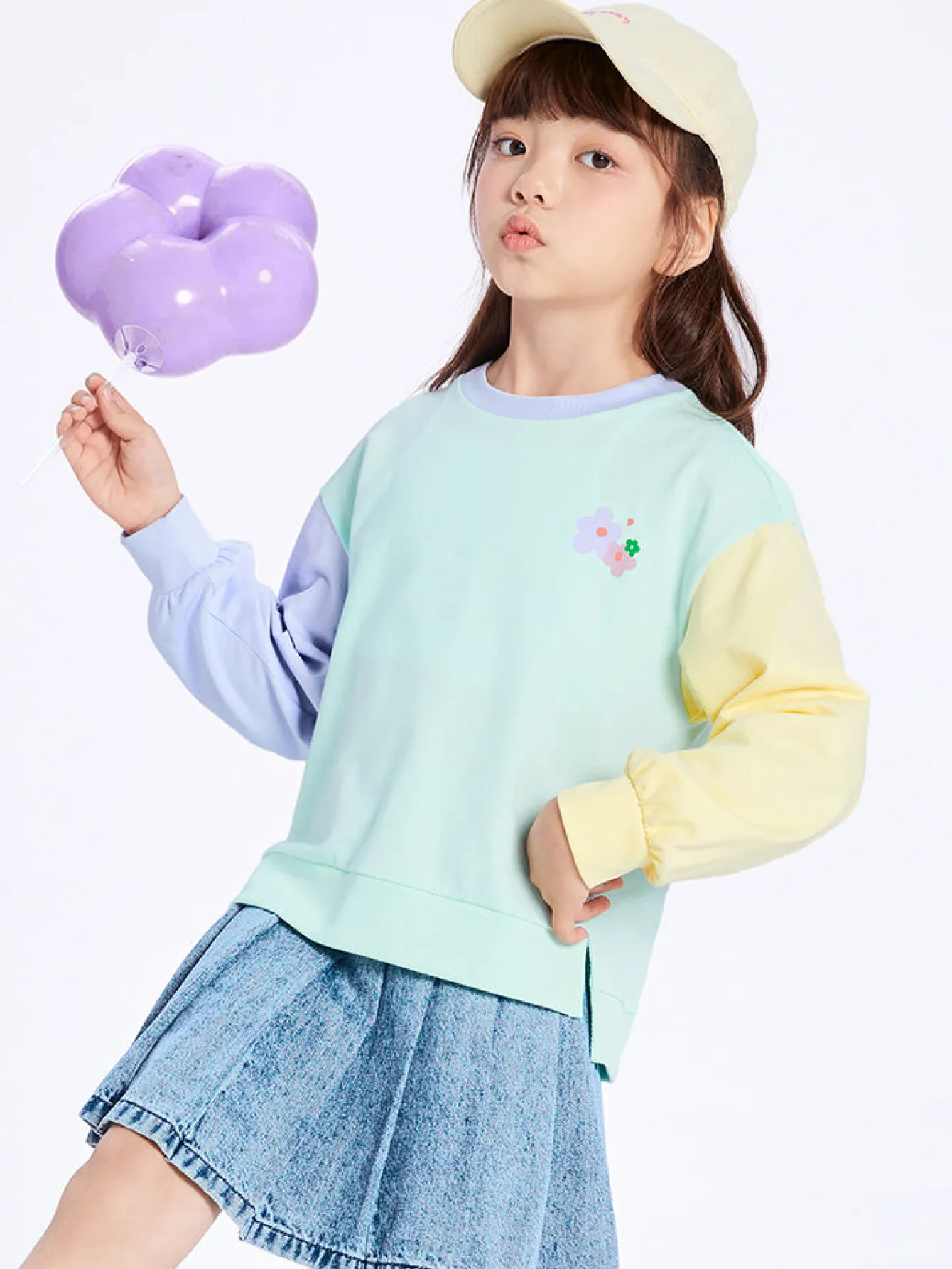 Balabala Kids Girl Contrast Patched Rounded V-Neck Long Sleeve T-Shirt 7-14 Years Cheap