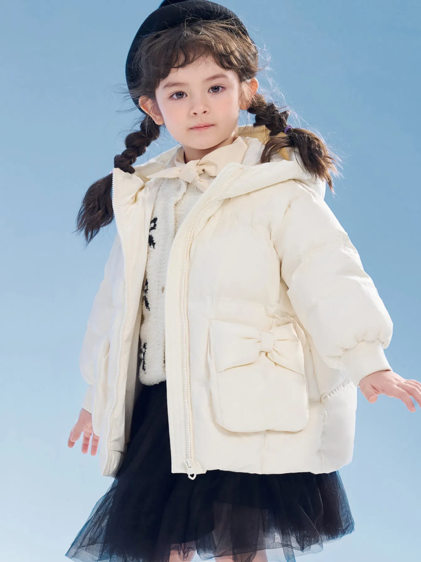 Balabala Kids Girl Puffy Shaped Bow Decorated Long Down Jacket Cream White Store