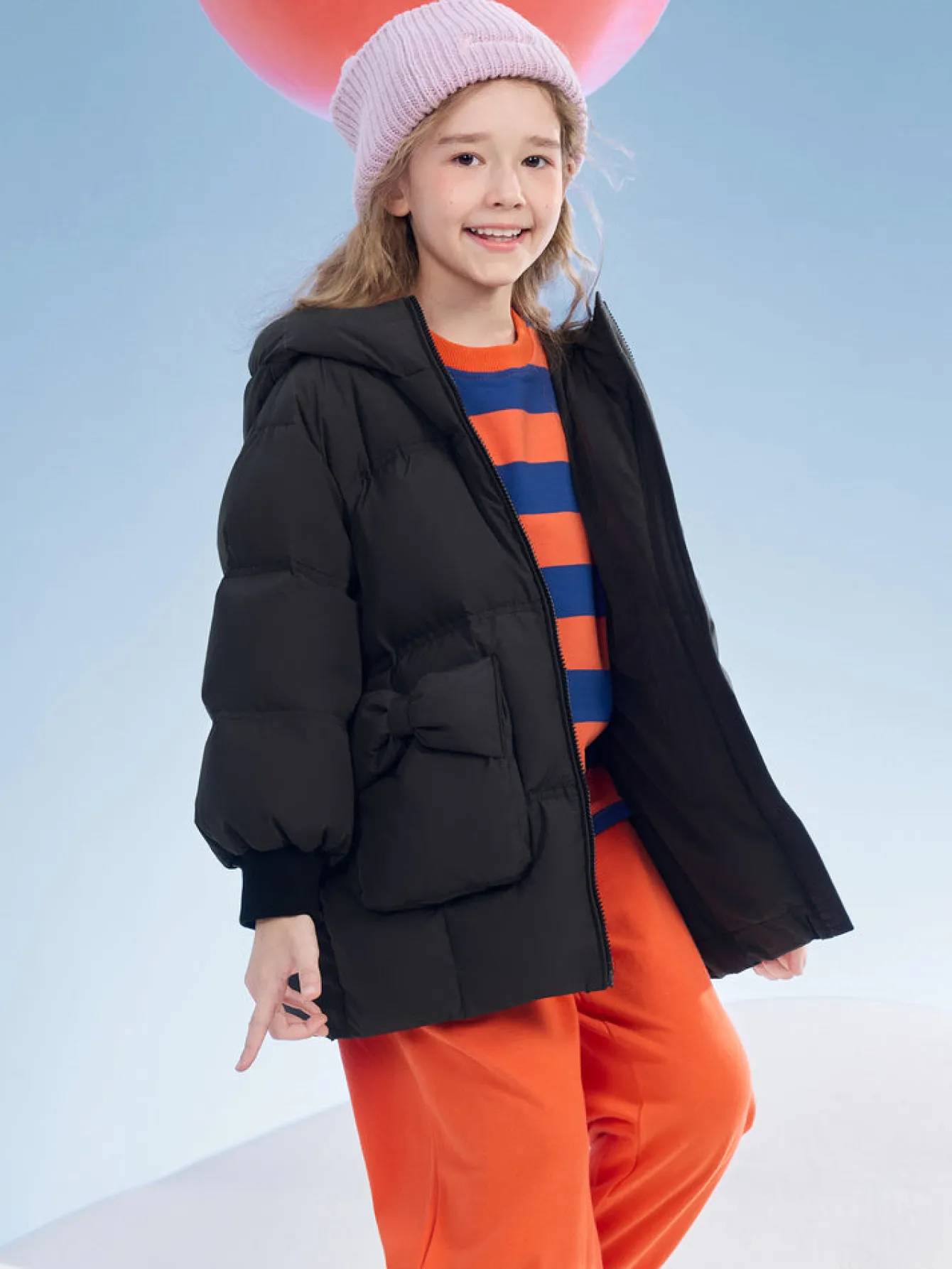 Balabala Kids Girl Puffy Shaped Bow Decorated Long Down Jacket Black Fashion