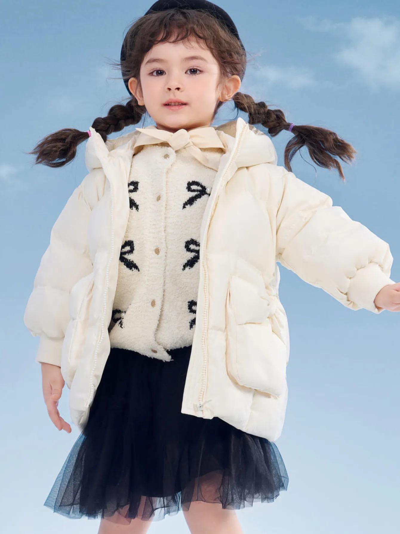 Balabala Kids Girl Puffy Shaped Bow Decorated Long Down Jacket Cream White Store