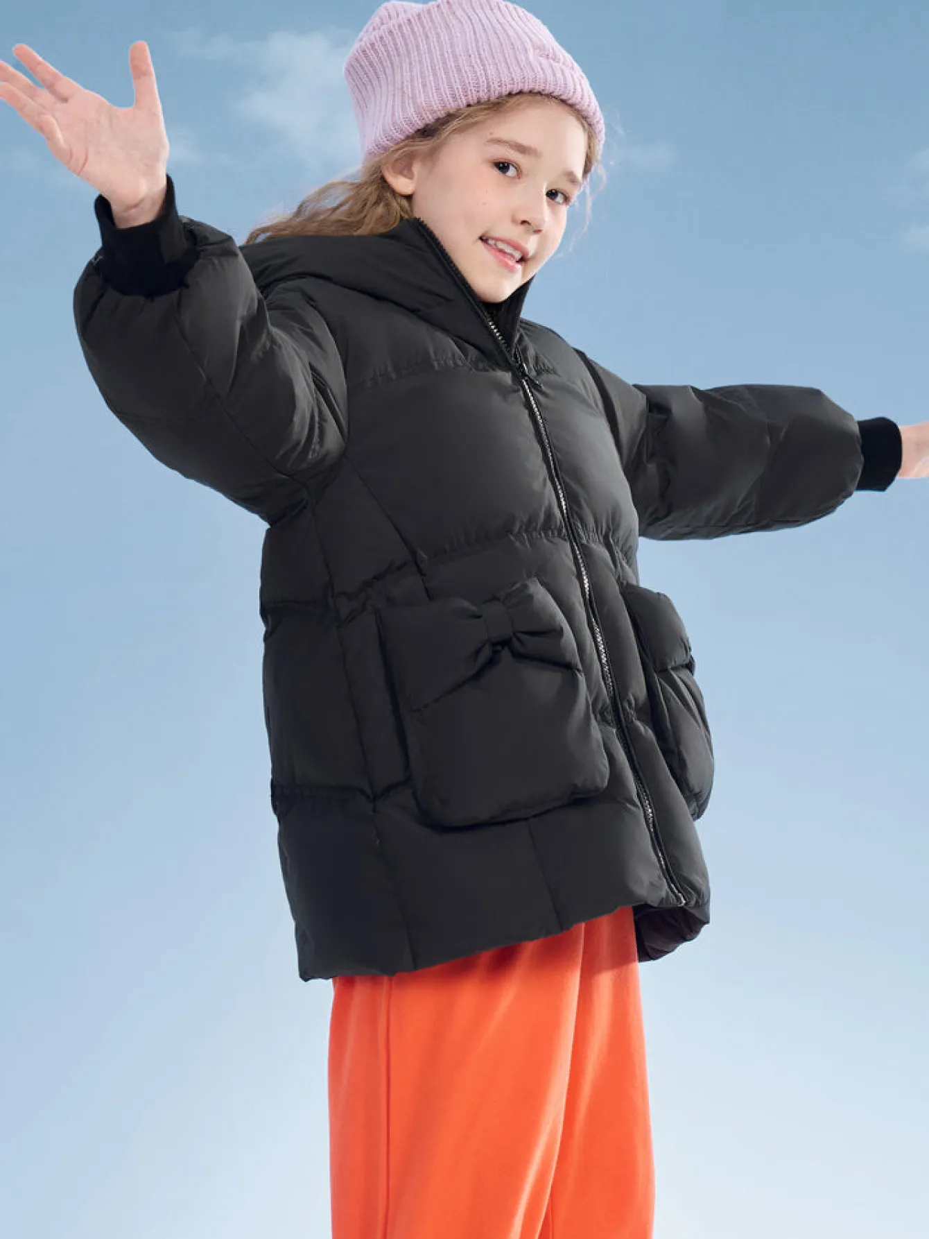 Balabala Kids Girl Puffy Shaped Bow Decorated Long Down Jacket Black Fashion