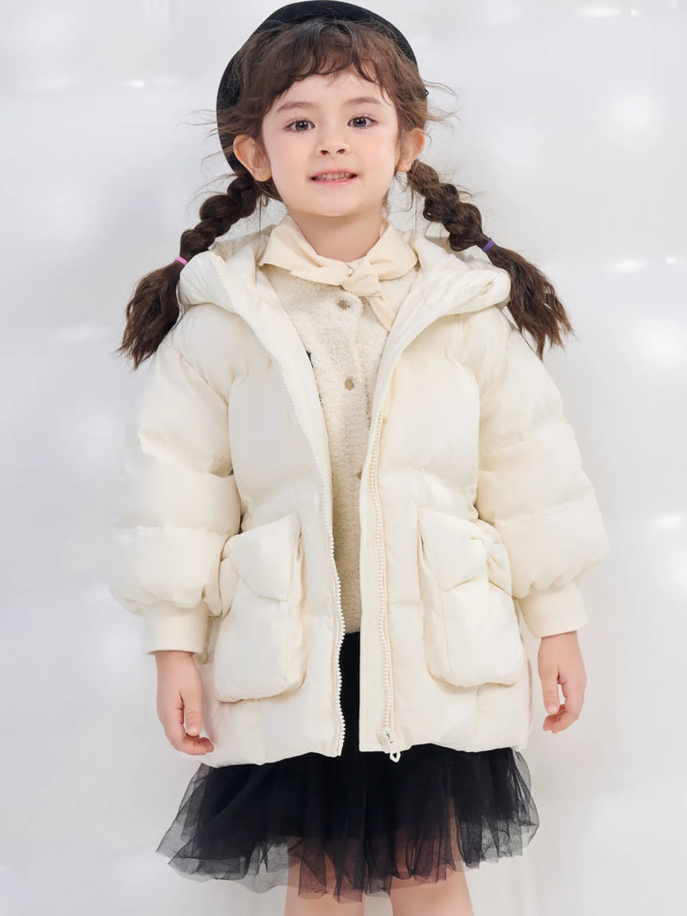 Balabala Kids Girl Puffy Shaped Bow Decorated Long Down Jacket Cream White Store