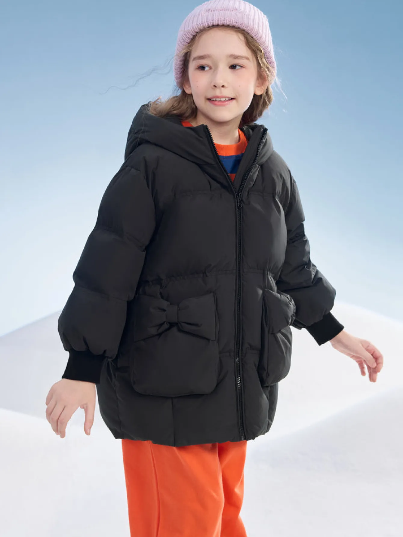 Balabala Kids Girl Puffy Shaped Bow Decorated Long Down Jacket Black Fashion