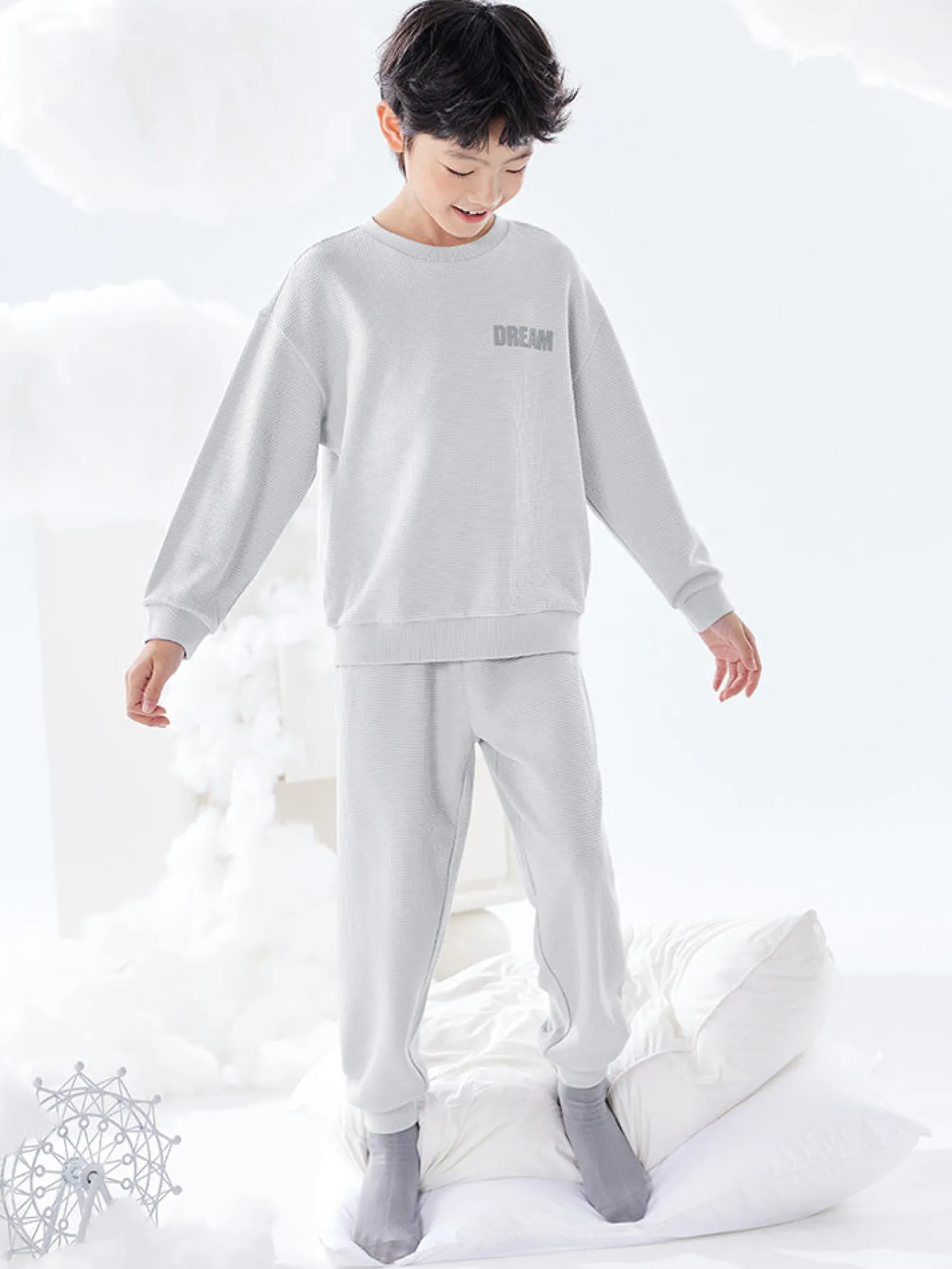 Balabala Kids Unisex Waffle Fabric Solid Colour Home Wear Set 7-14 Years Cheap