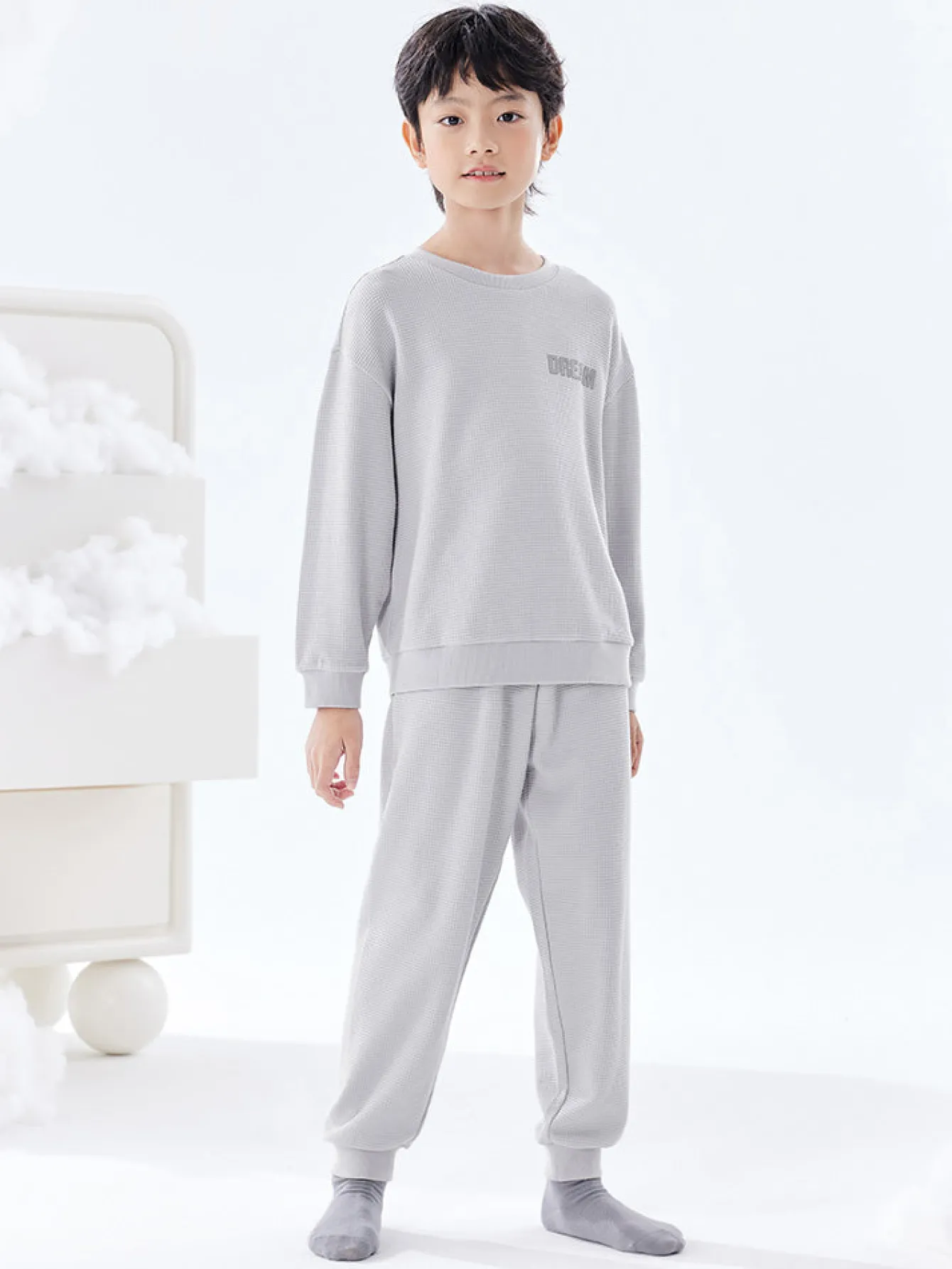 Balabala Kids Unisex Waffle Fabric Solid Colour Home Wear Set 7-14 Years Cheap