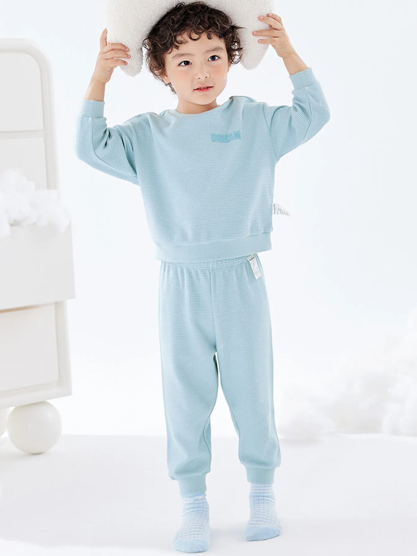 Balabala Kids Unisex Waffle Fabric Solid Colour Home Wear Set 7-14 Years Cheap