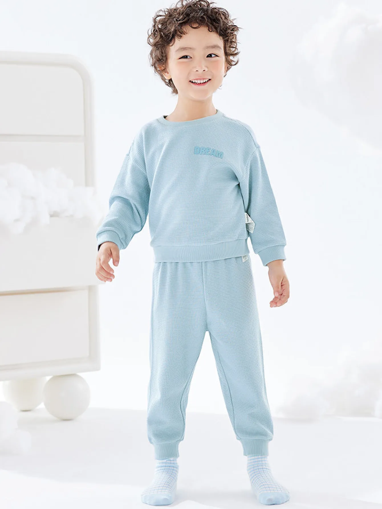 Balabala Kids Unisex Waffle Fabric Solid Colour Home Wear Set 7-14 Years Cheap