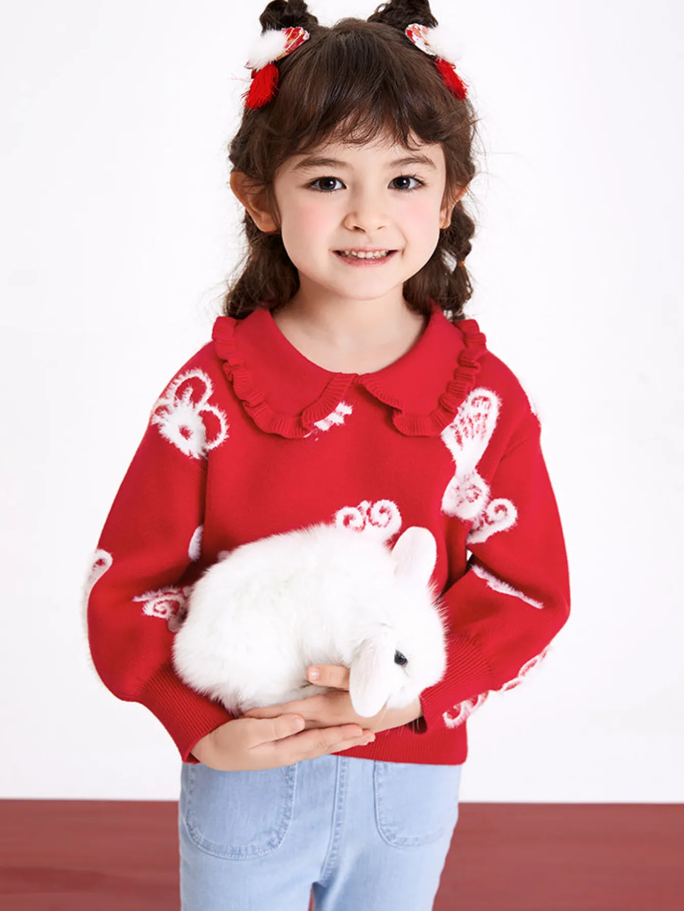 Balabala Toddler Girl 100% Cotton Chinese Zodiac Rabbit Lapel Sweater 2-8 Years Clearance