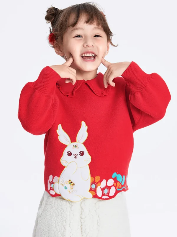 Balabala Toddler Girl 100% Cotton Chinese Zodiac Rabbit Lapel Sweater 2-8 Years Clearance