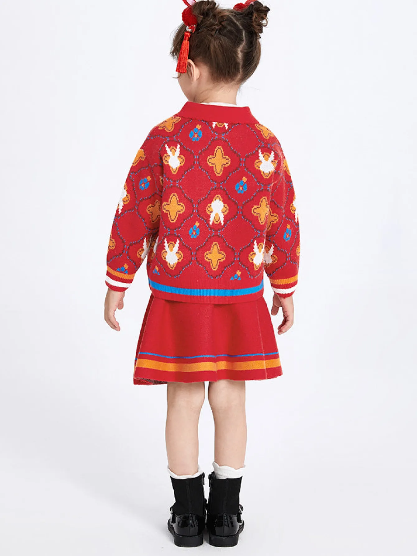 Balabala Toddler Girl Chinese Zodiac Rabbit Woolen Long Sleeve Set 2-8 Years Red Hue Fashion