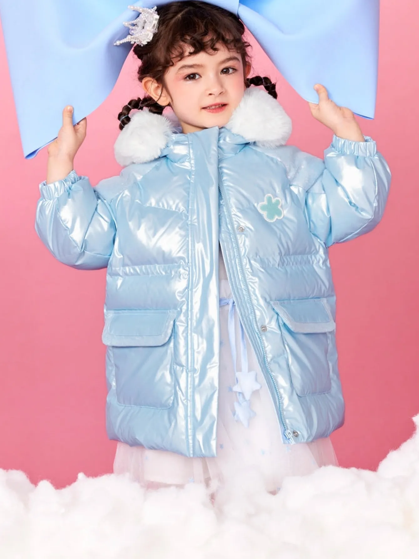 Balabala Toddler Girl Hooded Rabbit Fur Hooded Large Pocket Windproof Down Jacket Power Blue Hot