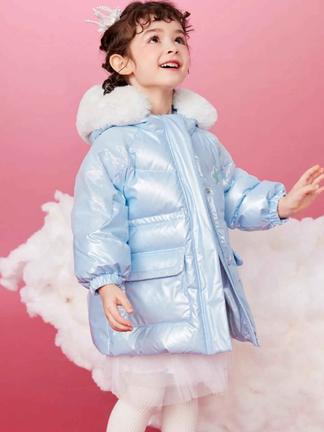 Balabala Toddler Girl Hooded Rabbit Fur Hooded Large Pocket Windproof Down Jacket Power Blue Hot