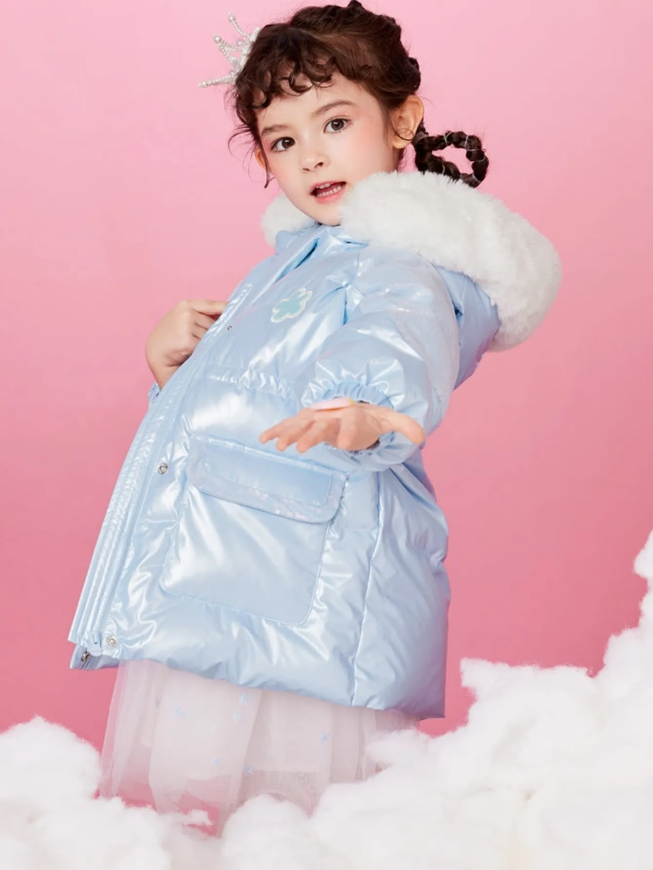 Balabala Toddler Girl Hooded Rabbit Fur Hooded Large Pocket Windproof Down Jacket Power Blue Hot