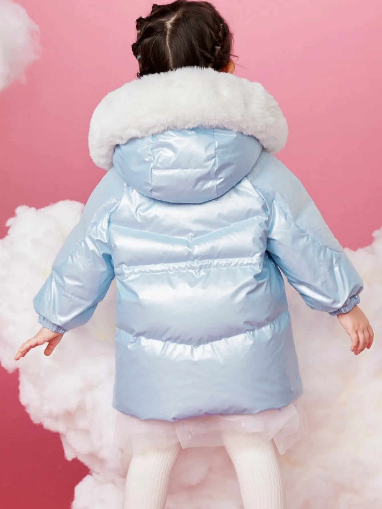 Balabala Toddler Girl Hooded Rabbit Fur Hooded Large Pocket Windproof Down Jacket Power Blue Hot