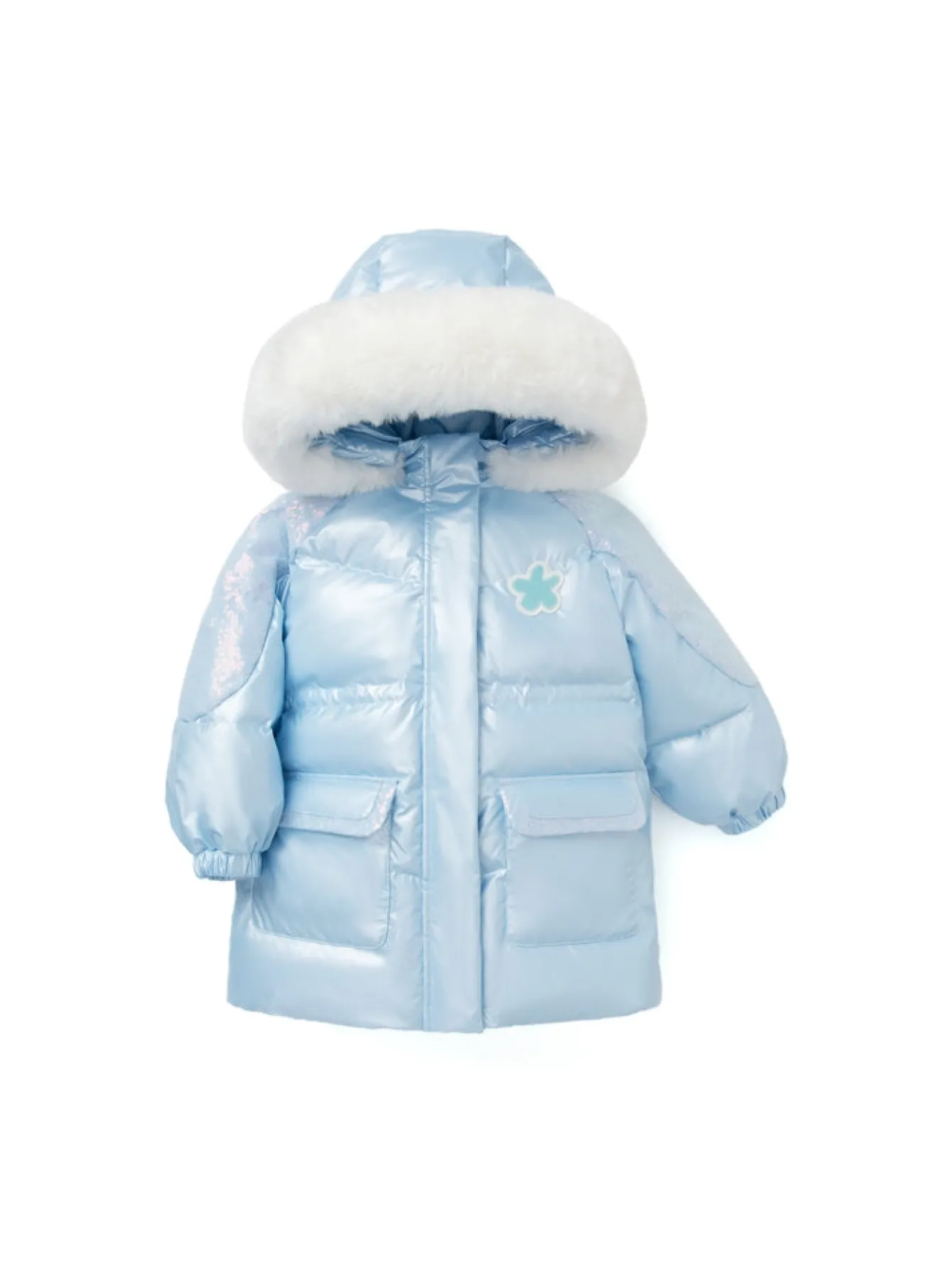 Balabala Toddler Girl Hooded Rabbit Fur Hooded Large Pocket Windproof Down Jacket Power Blue Hot