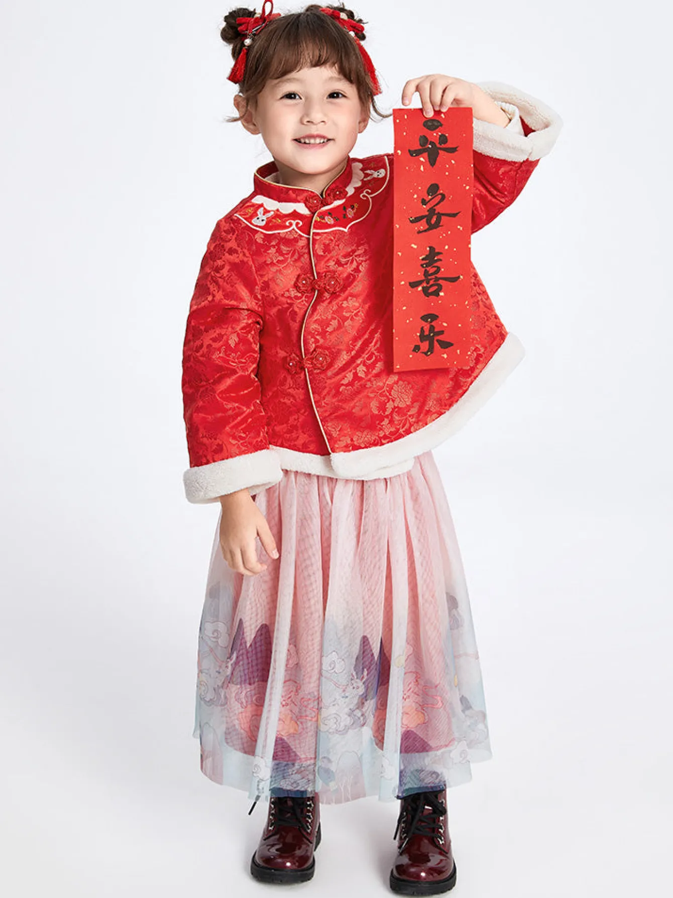 Balabala Toddler Girl Jacquard Traditional Chinese Painting Long Sleeve Woven Set 2-8 Years Chinese Red Fashion