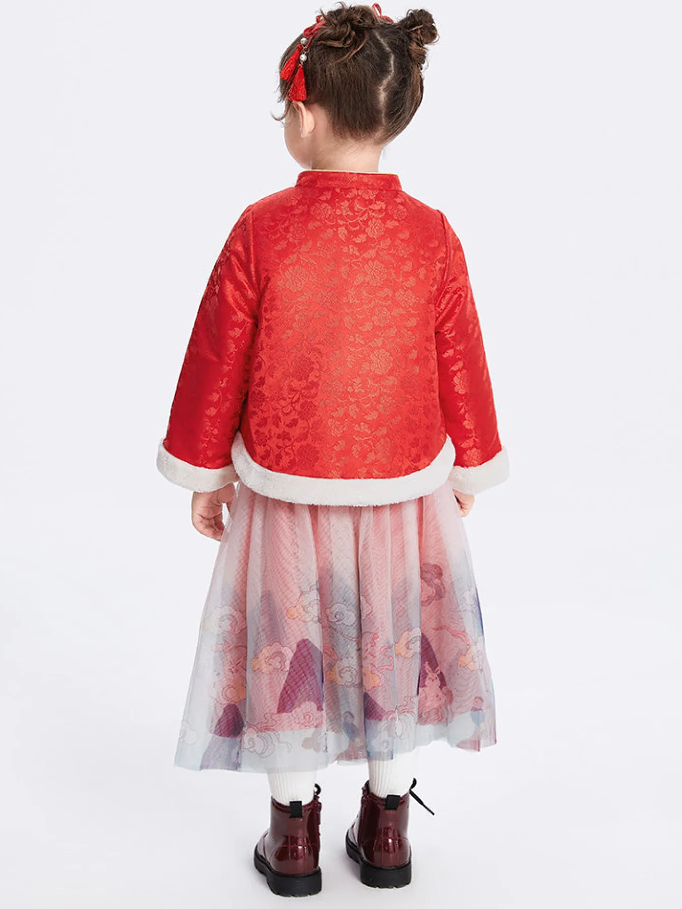 Balabala Toddler Girl Jacquard Traditional Chinese Painting Long Sleeve Woven Set 2-8 Years Chinese Red Fashion