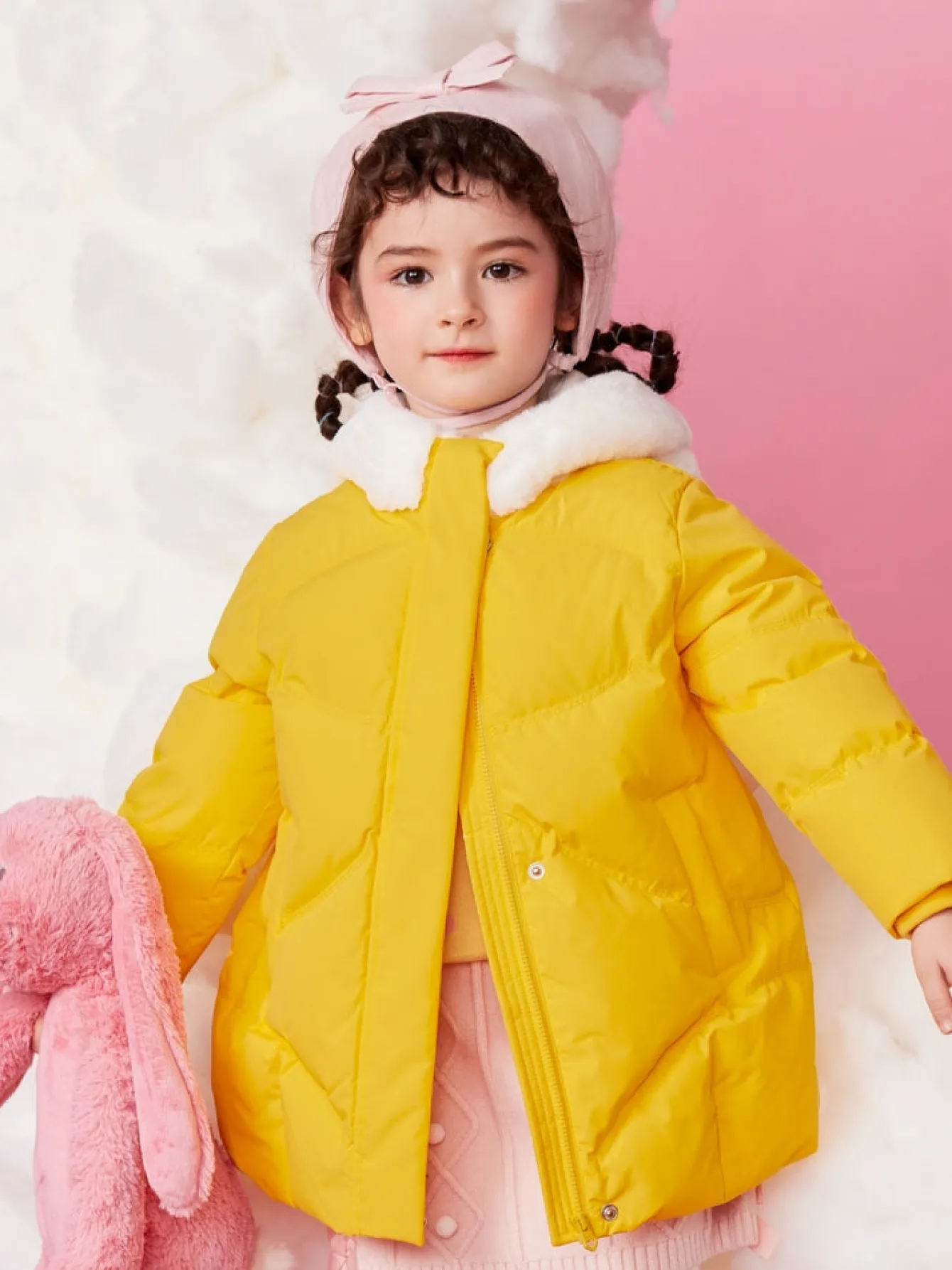 Balabala Toddler Girl Rabbit Fur Hooded Fresh And Lively Down Jacket Medium Yellow Hot